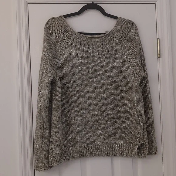 Vince Linen Blend Tan And Silver Metallic Crew Neck Sweater Relaxed Fit Small - Picture 3 of 9